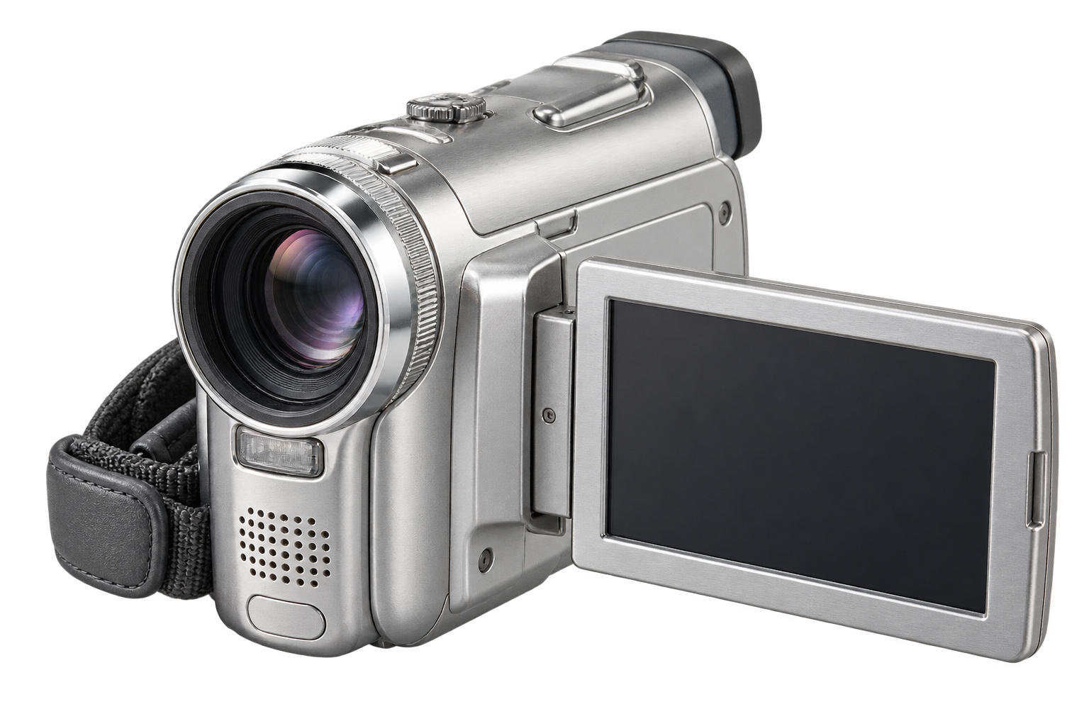 Silver camcorder with an open viewing screen